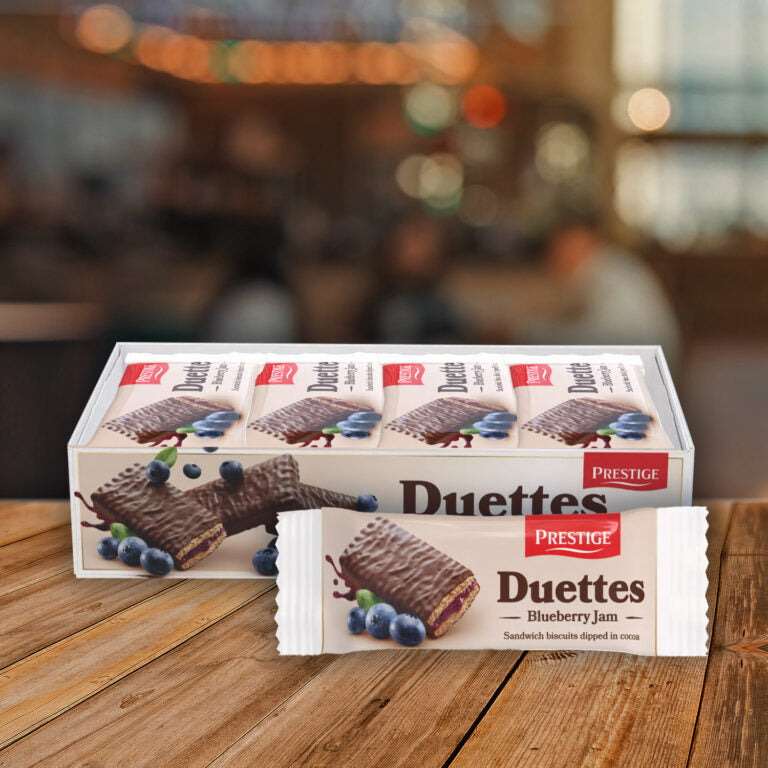 Prestige Duettes Blueberry 267g
 coated biscuits 
12 pcs x 22,2g in a box | 20 boxes in a carton