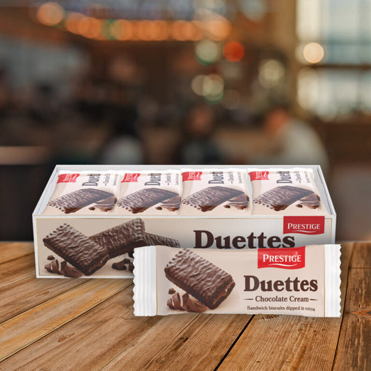 Prestige Duettes Chocolate 270g
 coated biscuits
12 pcs x 22,5g in a box | 20 boxes in a carton