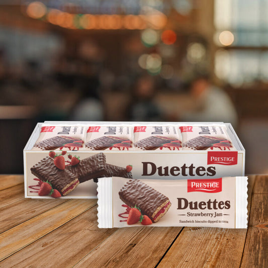 Prestige Duettes Strawberry 267g
 coated biscuits 
12 pcs x 22,2g in a box | 20 boxes in a carton