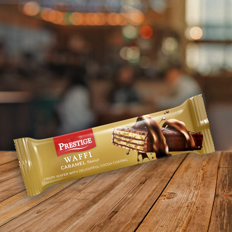 Waffi Caramel 23g 
coated wafer 
24 pcs in a box | 6 boxes in a carton